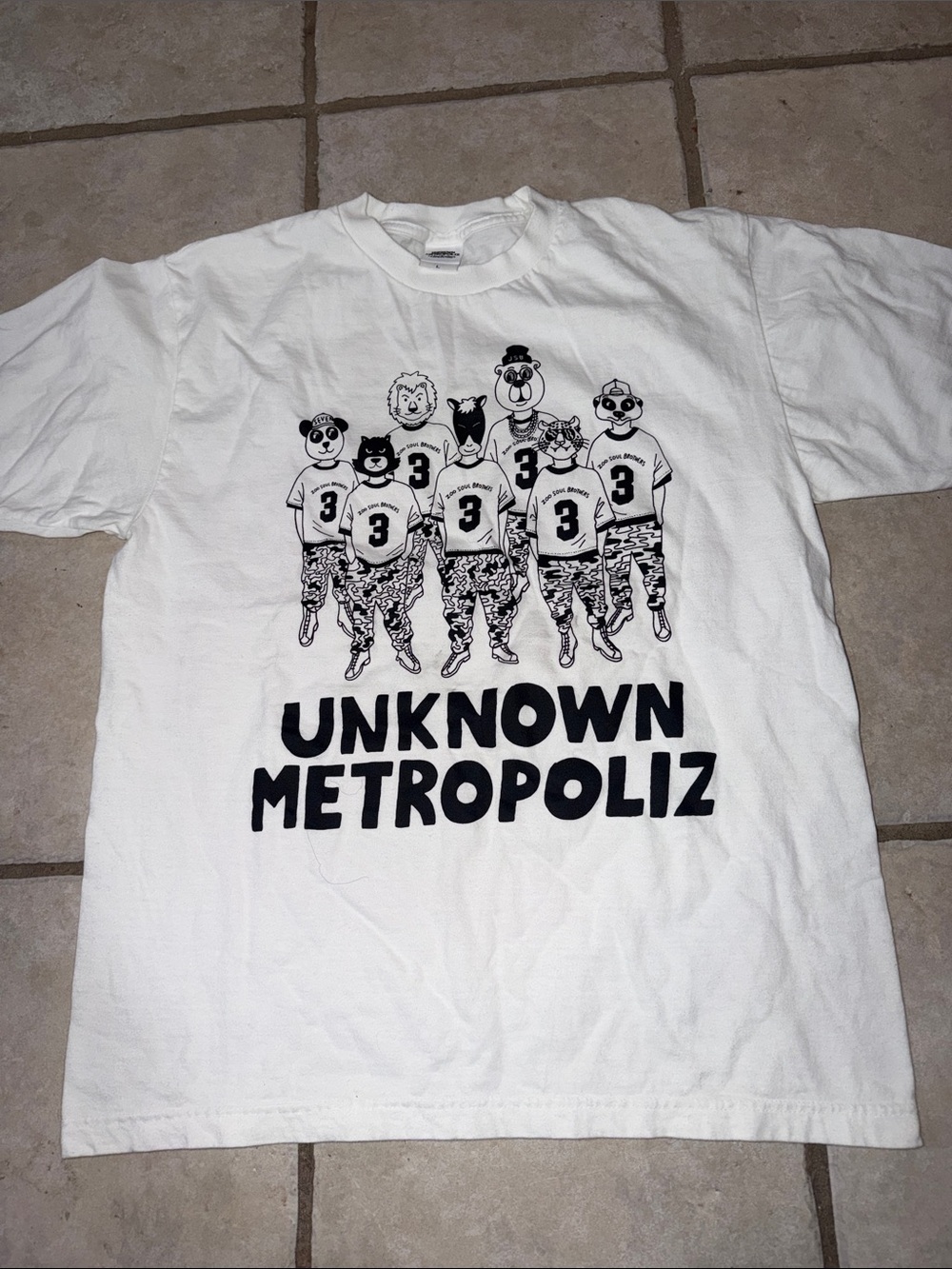 Gildan White Short Sleeve Tee with Black Cartoon Graphic